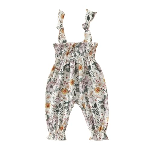 Infant Baby Girls Outfit Ruched Flower Print Jumpsuit Tie Up Sleeveless Romper Overall Pants Summer Clothes One Piece