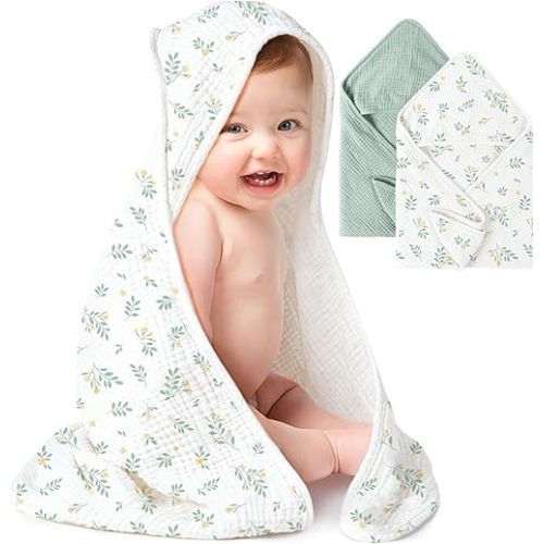 Konssy 2-Pack Muslin Hooded Baby Towels, 100% Cotton, Ultra-Soft & Absorbent Baby Bath Towels with Hood for Newborn & Infant (Green, Leafy,30" x 30")