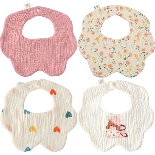 4 Pack Baby Bandana Bibs - Super Absorbent for Drooling & Teething - Soft, Flower Shape (0-24 Months)