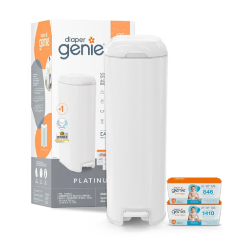 Diaper Genie Platinum Pail Gift Set, Lily White, Made of Durable Stainless Steel and Includes 2 Easy Roll Refills with 18 Bags and 30 Bags