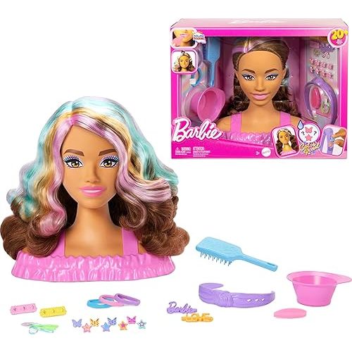 Barbie Doll Styling Head, Dark Brown Hair with 20+ Hair Styling Accessories Including Star & Butterfly Color Change Hair Clips