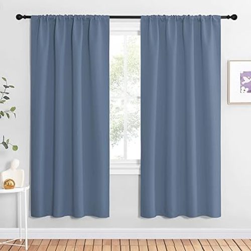 NICETOWN Stone Blue Blackout Curtains for Living Room - Triple Weave Home Decoration Thermal Insulated Solid Rod Pocket Blackout Drapes for Bedroom(Set of 2, 42 x 72 Inch)