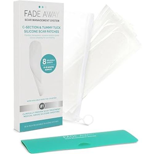 Fade Away Scars Silicone Scar Sheets for C-Section & Tummy Tuck – Reusable Medical Grade Silicone Scar Tape for Surgical Scars – Soft Scar Strips with Storage Pouch – Fade Away Silicone Scar Sheets