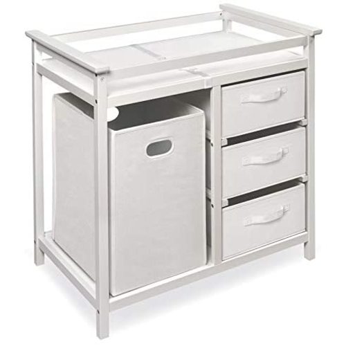 Badger Basket Modern Baby Changing Table with Laundry Hamper, 3 Storage Baskets, & Pad, Fresh White/White