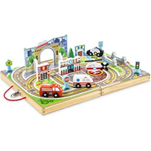 Melissa & Doug 18-Piece Wooden Take-Along Tabletop Town, 4 Rescue Vehicles, Play Pieces, Bridge , 15.4 x 11.0 x 2.6