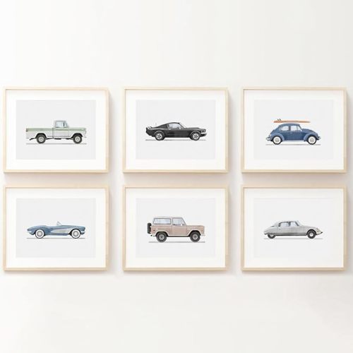 Blue Car Wall Art Decor Boys Room Wall Art Vintage Cars Canvas Poster Pictures Toddler Kids Room Prints Watercolor Vehicle Artwork Painting for Boys Bedroom Nursery 8x10 Inch Unframed Set of 6