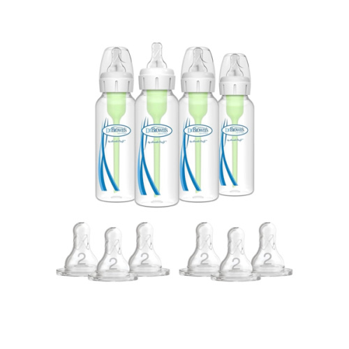 Dr. Brown's Options+ Anti-Colic Baby Bottle - 8oz - 4 Pack and Dr. Brown's Original Nipple, Level 2 (3m+), 6 Count