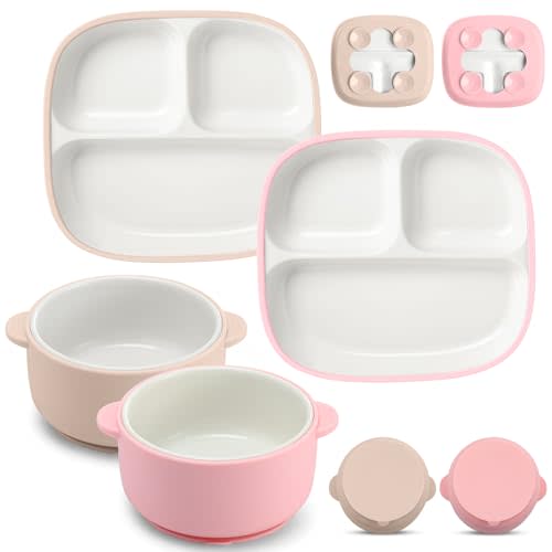 Domensi 4 Pcs Square Porcelain Kid Plate Bowl Set with Suction, 2 Ceramic Toddler Divided Plate 2 Baby Anti Slip Silicone Sleeve Bowl for Feeding Supply Microwave Dishwasher Safe(Pink, Beige)