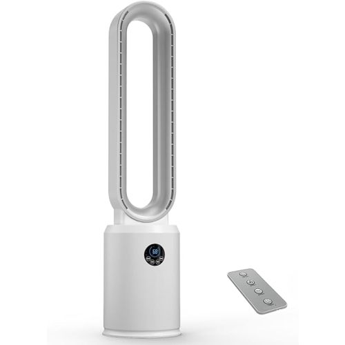 EZ-CHILL 40" Bladeless Tower Fan for Bedroom with Remote Control, 9H Timer, Wide Area Oscillation, Push Button Digital Display, 3 Speed Home Floor Fan, White/Silver