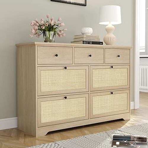 Yechen 7 Drawers Natural Rattan Dresser for Bedroom, Mid-Century Modern Natural Wood Dressers with Elegant Tabletop, Boho Chest of Drawers TV Stand with Sturdy Base for Living Room, Baby Nursery
