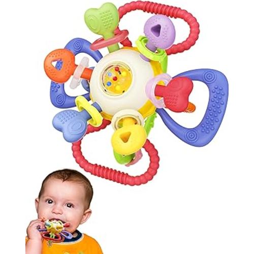 Baby Teething & Rattle Toy – Safe, Multi-Functional BPA-Free Silicone Toy for Babies 0-12 Months – Vibrant, Sensory Rattle for Teething Relief & Fun Play – Perfect Baby Toys for Boys & Girls