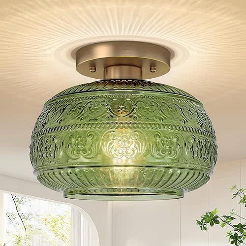 Semi Flush Mount Ceiling Light, Upgraded Modern Close to Ceiling Light Fixture with Green Glass,Gold Indoor Kitchen Lighting for Porch Corridor Hallway Bedroom, Bulb Not Included
