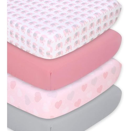 The Peanutshell 4-Pack Fitted Crib Sheet Set - Super Soft & Breathable Baby Girl Crib Sheets, Nursery Decor, Fit for Standard Mattress Cover- Pink Elephants