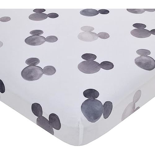 Disney Mickey Mouse - Black, White and Gray Watercolor Mickey Ears Nursery Fitted Mini Crib Sheet