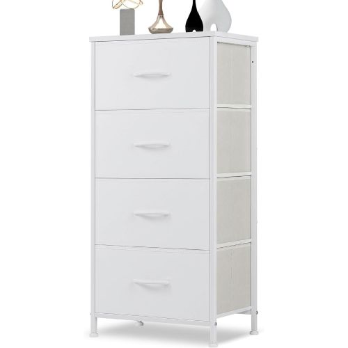 4 Drawer Dresser, Tall Chest Of Drawers Nightstand Storage Tower Storage Dresser Fabric Dresser With Wood Top for Living Room, Bedroom, Hallway, Nursery, White
