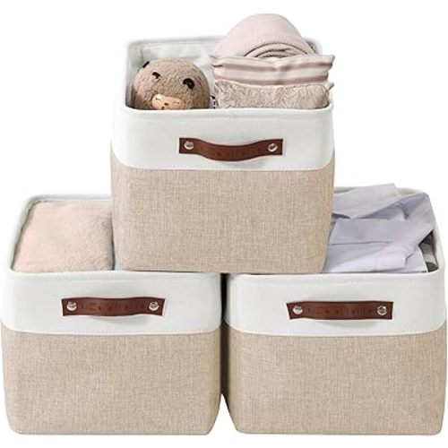 DECOMOMO Storage Bins Fabric Storage Baskets for Shelves, Linen Closet Organization Toys Nursery (Beige and White, Large - 3 Pack)