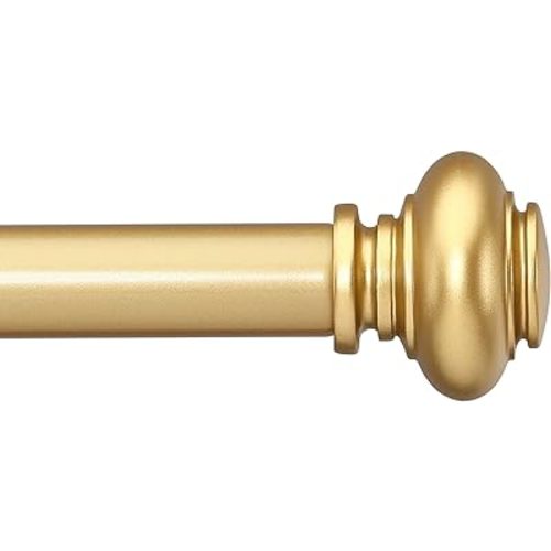 Gold Curtain Rods for Windows 48 to 84 Inches Adjustable Decorative 1 Inch Diameter Single Window Curtain Rod Set with Classic Finials, Gold Finishing