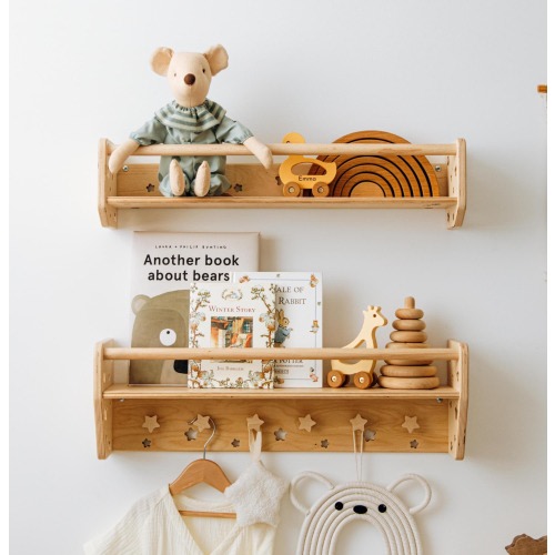 Natural Toddler Shelf for Toys & Books – Montessori Wooden Wall Shelf with Star Hooks – Kids Clothes Rack – Floating Nursery Room Organizer