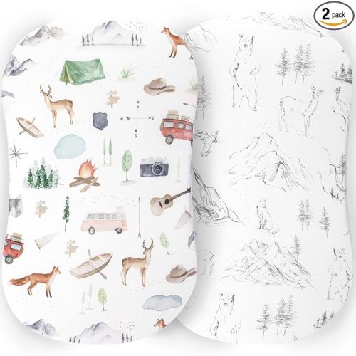 Pobibaby - 2 Pack Premium Bassinet Sheets for Standard Bassinets - Ultra-Soft Cotton Blend, Stylish Woodland Pattern, Safe and Snug for Baby (Explore)