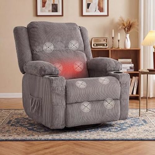 360° Swivel Rocker Recliner Chair with Heat & 8-Point Massage, Oversized Manual Nursery Glider Recliner with USB Port, Cup Holders, Storage Pockets, 400 lbs Capacity, (Grey)
