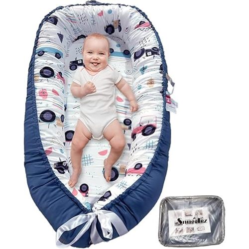 Baby Lounger, 100% Breathable Cotton Baby nest, Portable Infant Lounger (Blue)