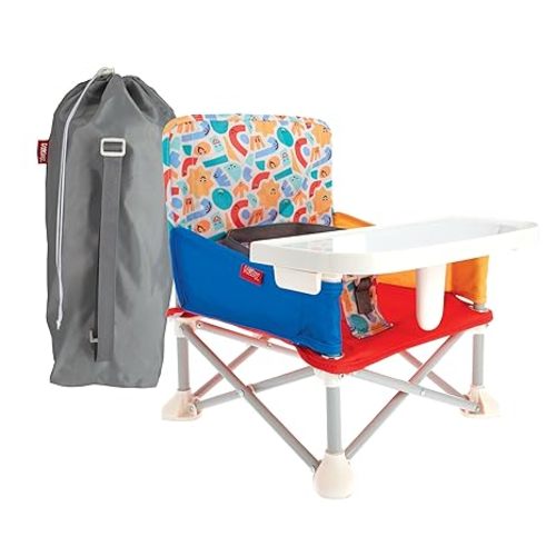 Nuby Pop-Up Booster Seat with Removable Tray - 6+ Months - Portable Booster Seat for Floor for Indoor/Outdoor Use - 3-Point Safety Adjustable Straps - Summer Travel Essentials - Fun Faces