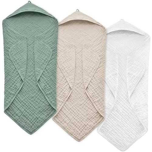Hooded Baby Towels for Newborn, 35x35 Inch 3 Pack 100% Muslin Cotton Baby Bath Towel, Soft Baby Beach Towels with Hood for Infants, Toddlers and Kids, Essentials Must Haves