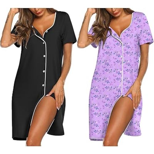 Ekouaer Nightgowns for Women 2 Pack Button Down Sleepshirt Short Sleeve Nightshirt Soft Sleepwear V Neck Pajama Dress