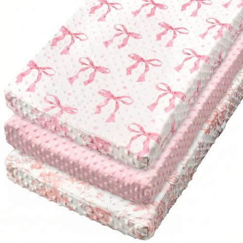 SmoothNovelty 3 Pcs Pink Bow Baby Changing Pad Covers, Flowers Changing Table Cover for Girls, 32 x 16 in Minky Table Sheets, Soft Velvet Nursery Decor, Baby Items