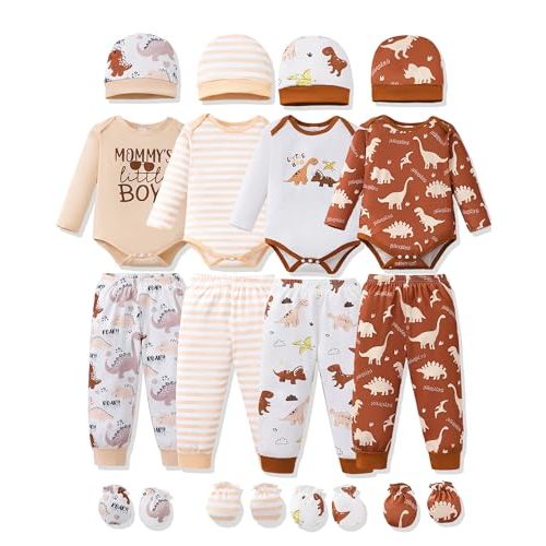NZRVAWS Newborn Baby Boy Girl Clothes Unisex Infant Romper Pants Set Hat 4-Pack Outfits 0-12 Months 16 Pieces Toddler