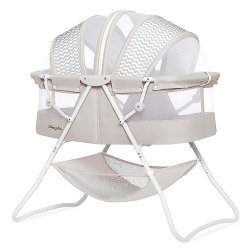 Dream On Me Karley Bassinet in Grey, Lightweight Portable Baby Bassinet, Quick Fold and Easy to Carry , Adjustable Double Canopy, Indoor and Outdoor Bassinet with Large Storage Basket.