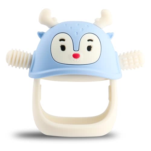 Smily Mia Reindeer Organic Baby Toys 0-6Months, Mitten for 3-6Months, Easy to Hold Stem with Chewing Nubs for Teething Pain Relief for 6-12Months Babies, Light Blue