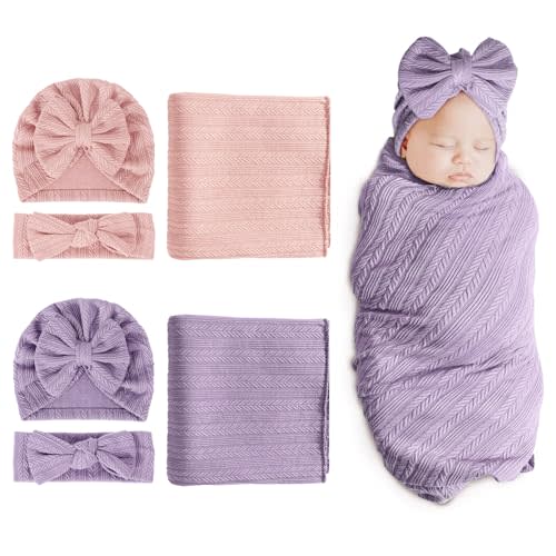 DRESHOW BQUBO Newborn Receiving Blanket Headband Hat Set for Baby, Unisex Baby Boys Girls Essentials, Newborn Registry Must Haves, Stroller Crib Shower Gifts