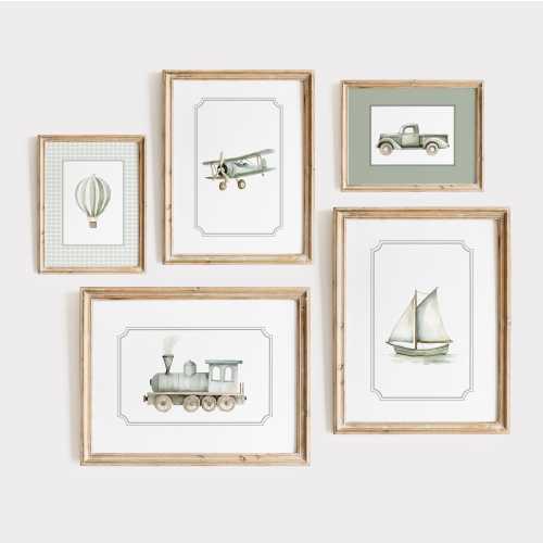 Sage Green Travel Boy Nursery Wall Art | Vintage Truck Hot Air Balloon Boat Plane Train Print Transportaion Nursery Decor | Gallery Set of 5