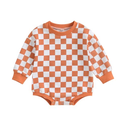 Karuedoo Baby Boy Girl Checkered Sweatshirt Romper Oversized Long Sleeve Bubble Romper Top Neutral Baby Fall Clothes