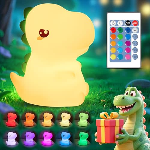 One Fire Dinosaurs Night-Lights 16 Colors+Remote LED Squishy Cute Lamp, Silicone Dimmable Nursery Night Light for Bedroom, Cute Light Up Dinosaur, Rechargeable Kawaii Lamp for Baby Nursery Boys Gifts