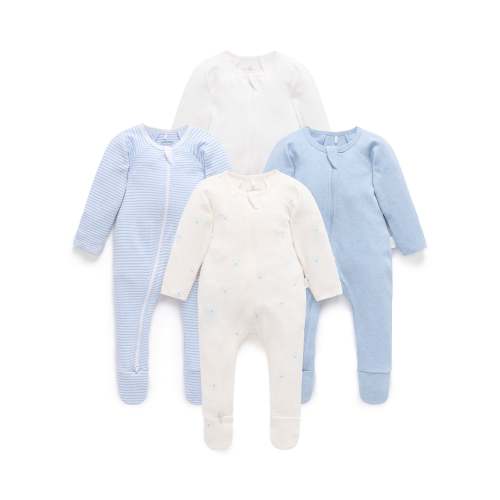Blue Bear 4 Pack Zip Growsuit - Baby Growsuits - Purebaby - Purebaby