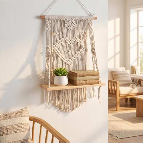 Macrame Wall Shelf with Heart Pattern, Boho Hanging Shelf, Handmade Rope Shelf, Wall Organizer, Boho Home Decor
