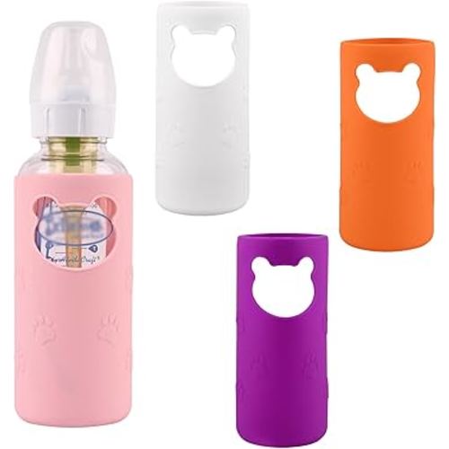 4 Pack Silicone Sleeves for Dr Brown's Glass Baby Bottles, Anti Breakage Baby Bottle Holder, Compatible Dr. Brown's Natural Narrow Glass Baby Bottles 8 oz, BPA Free (White+Pink+Purple+Orange)