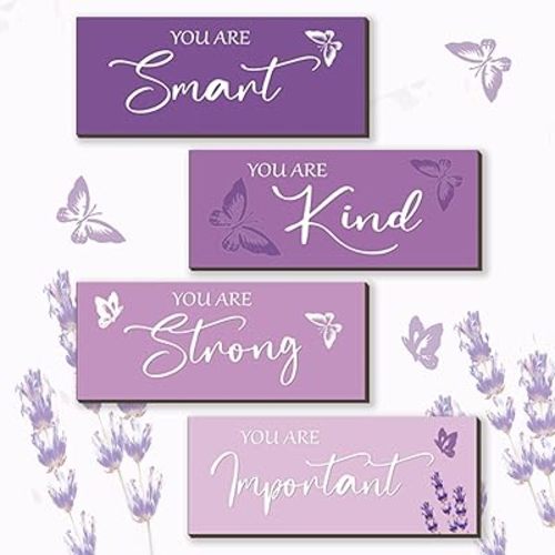 FENCORDAR 4 Pcs Butterfly Wall Decor Girls Room Decor Wooden Purple Wall Decor Positive Butterfly Wall Art Prints Inspirational Gift for Teen Girls Women Room Nursery Bedroom Bathroom(Purple, 10x4)