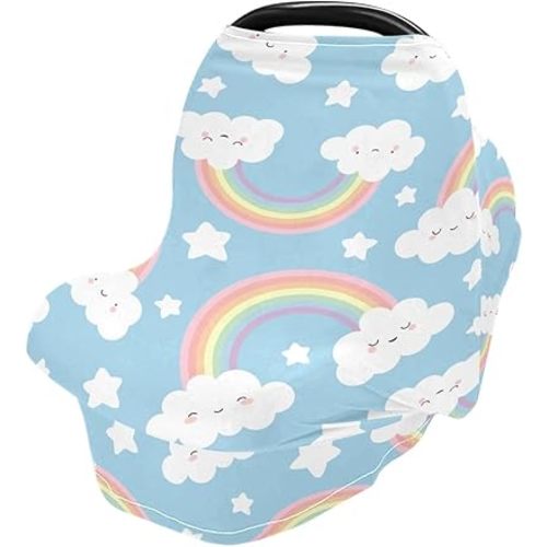 Baby Car Seat Canopy Covers Nursing Cover Stretchy Boys Girls Cloud Rainbow Sky Blue Carrier Cover Breastfeeding Cover Breathable