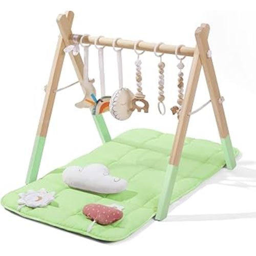 Foldable Baby Play Gym with Mat, Wooden Play Gym with 9 Sensory Toys, Frame Activity Center, Natural Pine Wood, Montessori Toys, Easy to Assemble & Clean, Green Color