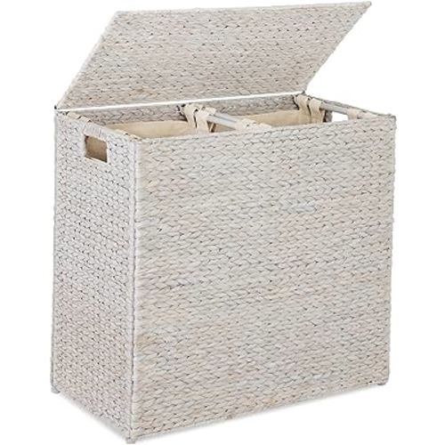 Best Choice Products Large Double Laundry Hamper with Lid, Natural Handwoven Water Hyacinth, 2 Sections w/ 2 Machine Washable Linen Liner Bags, Portable, Handles - White