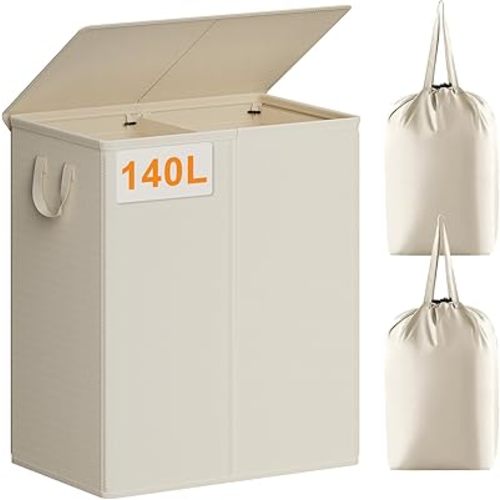Chrislley 140L Laundry Hamper 2 Section, Double Laundry Basket with Lid, Large Dirty Clothes Hamper with Removable Liner Bags, Collapsible Laundry Organizer for Bedroom, Dorm,Beige