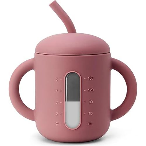 SAMiGO Silicone Baby Straw Cup for 6 12 18 Months, Sippy Cup for Infant and Toddler Training and Water Drinking, 6 OZ