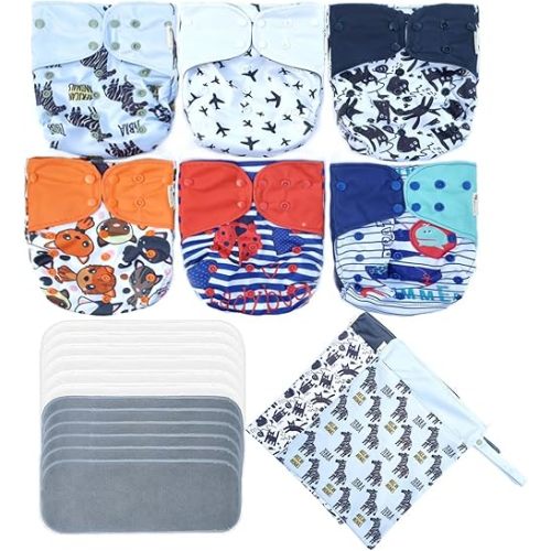 6pcs Washable and Reusable One Fit All Double Gussets Side Leakage Prevention Cloth Diapers Packed with 12pcs Inserts and 2pcs Wet Bags for Baby Girls and Boys (Boy Prints 03)