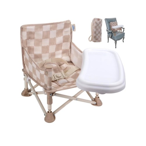 Tiny Marvels Portable 3-in-1 Baby Chair, Cozy Booster Seat, Baby Seat with Tray, Compact Foldable, Toddler Chair with Child Safety Belt Carry Bag, Perfect for Travel (Sand Checker)