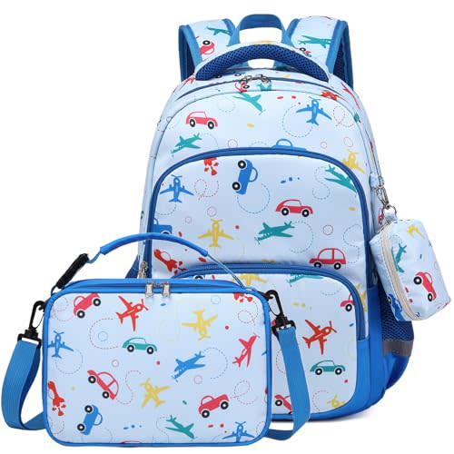 mygreen 3PCS Kids Backpack Set - Waterproof Bookbag with Lunch Box for Boys Ages 3-12, Adorable Cartoon Prints for School & Outdoor Use Light Blue Airplane