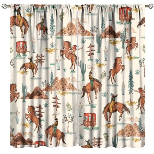 ESPROUTTY Vintage West Cowboy Wild Curtains,Vintage Cactus Print Polyester Fabric Rustic Country Decor for Living Room Bedroom Farmhouse Decor Window Treatments 42" W X 45" L