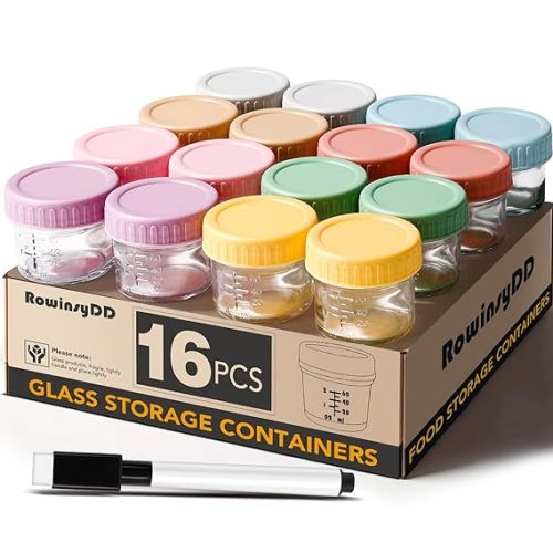 RowinsyDD 16 Pack Baby Food Containers, 4 oz Glass Baby Food Jars with Lids | Baby Food Storage Containers Small Baby Food Jars Glass with Lids Baby Food Containers for Freezer Microwave Safe BPA Free